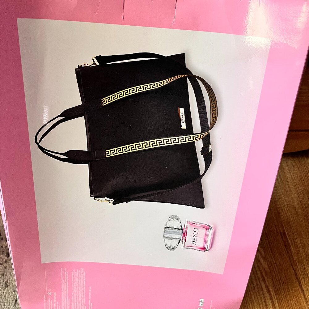 Versace Fragrance Duffle Bag Travel Weekender Black & Silver Key Logo NEW